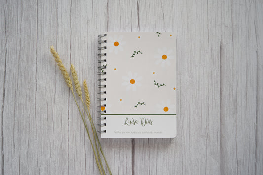 agenda personalizada com nome e capa com malmequeres