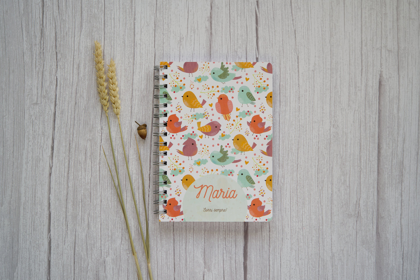 agenda personalizada com nome e padrao com passarinhos coloridos