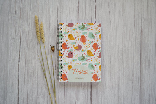 agenda personalizada com nome e padrao com passarinhos coloridos