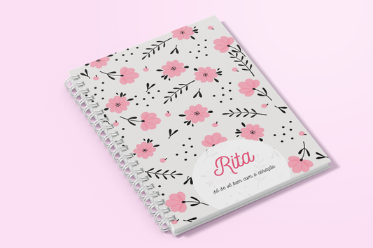 agenda personalizada com nome e capa com flores rosa e cinza