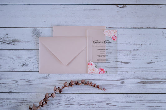 convite de casamento acrilico com tema floral rosa