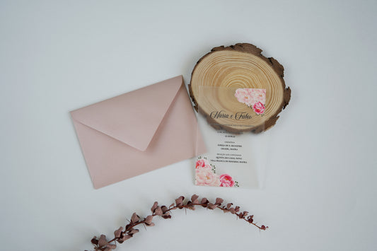 convite de casamento acrilico com tema floral rosa