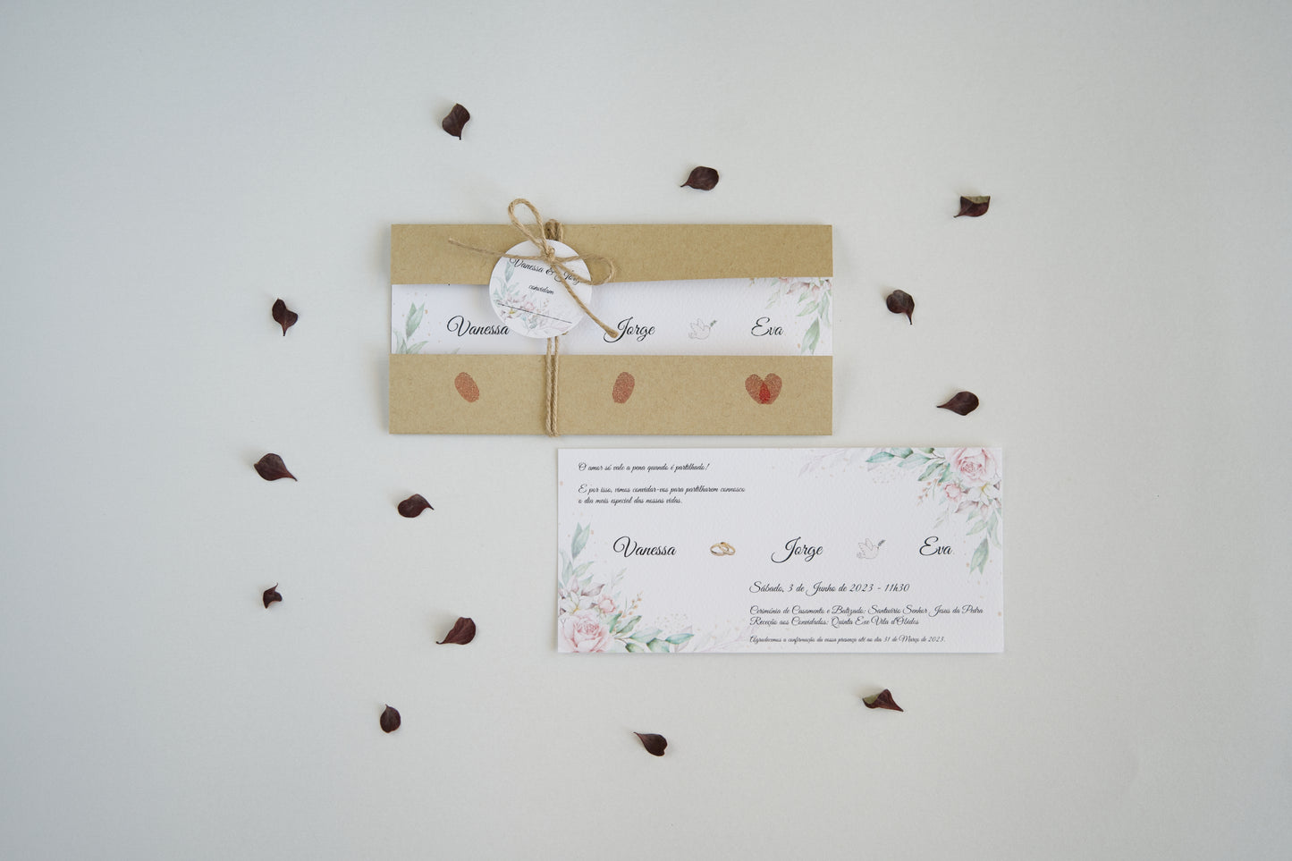 convite de casamento e batizado juntos floral rustico