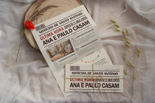 convite de casamento estilo jornal personalizado