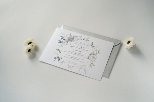 convite de casamento floral aguarela prateado