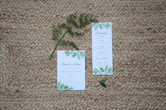 convite e ementa de casamento com folhagem