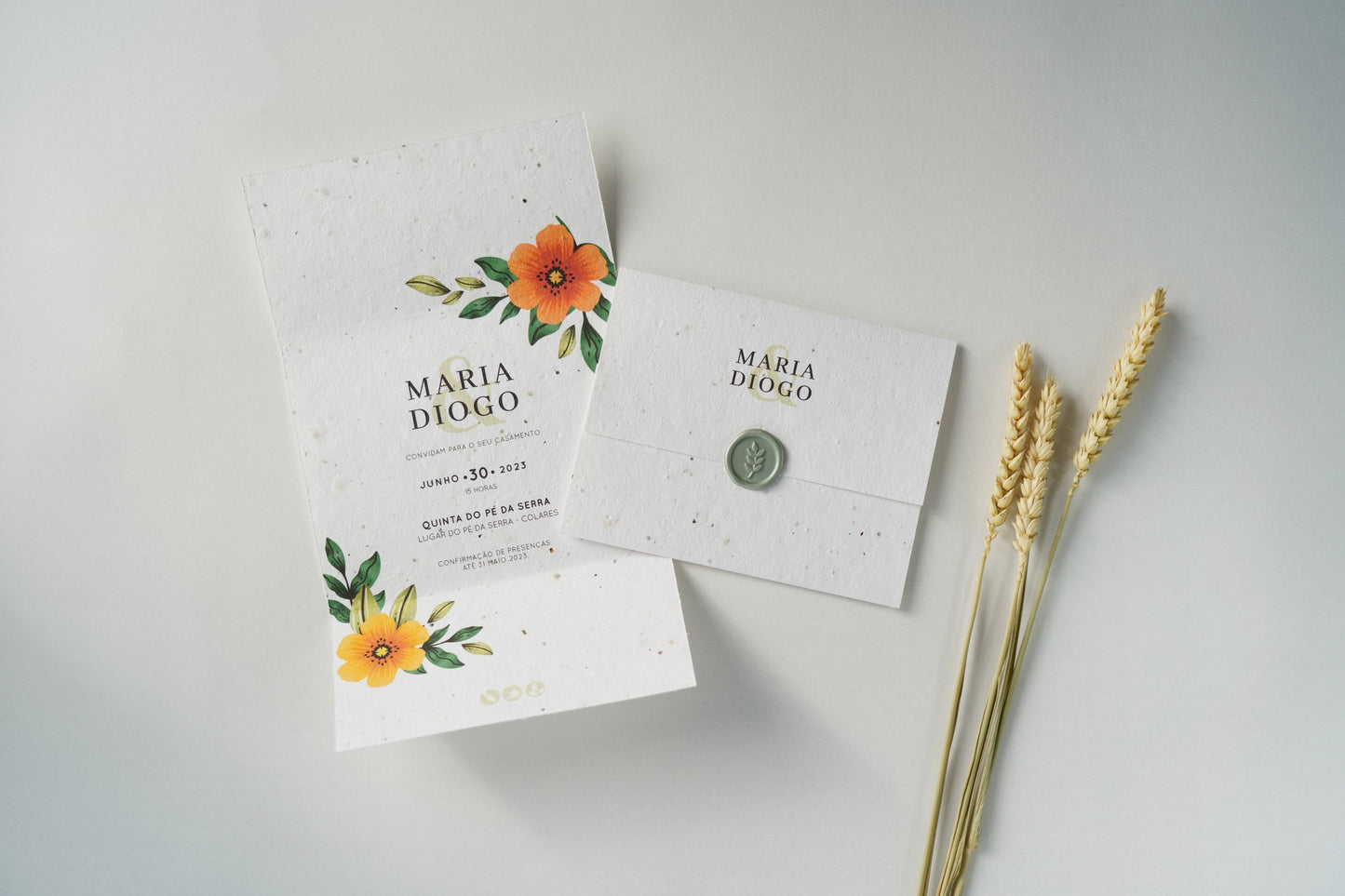 convite de casamento em papel semente plantavel com lacre