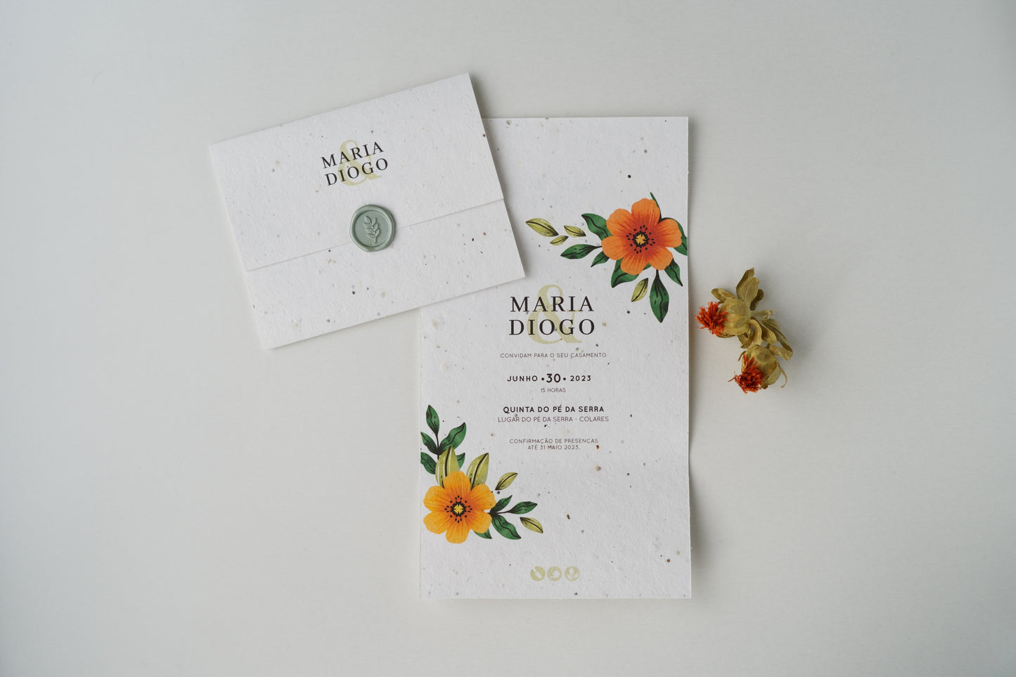 convite de casamento em papel semente plantavel com lacre