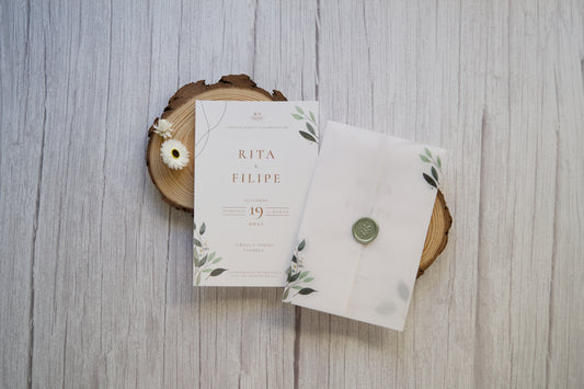 convite de casamento com papel vegetal e lacre