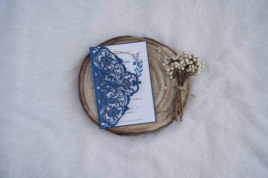 convite de casamento rendado azul corte laser