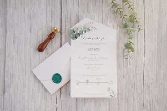 convite de casamento com folhagem elegante corte especial e lacre