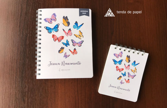Agenda personalizada e bloco de notas com nome e capa com borboletas