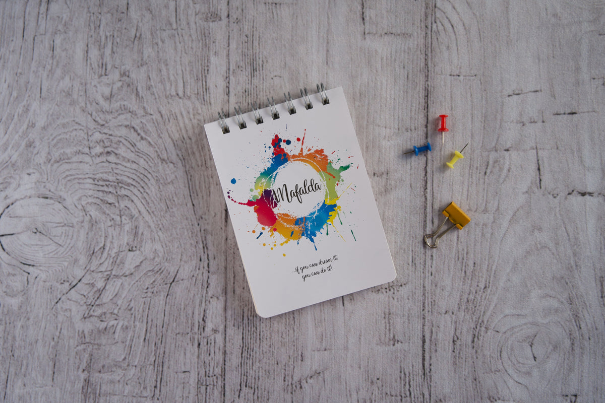 Bloco de notas A6 personalizado com nome — capa Cores com manchas de tinta coloridas