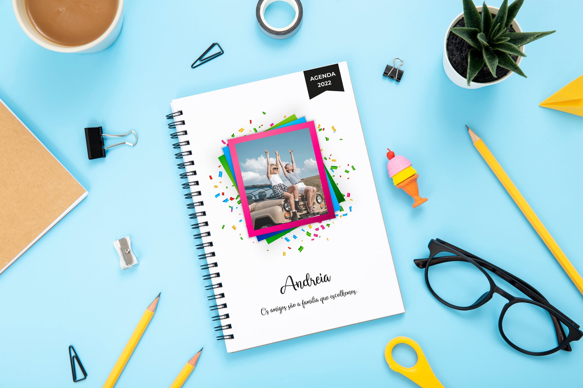Agenda personalizada A5 — capa com foto personalizada, nome e frase