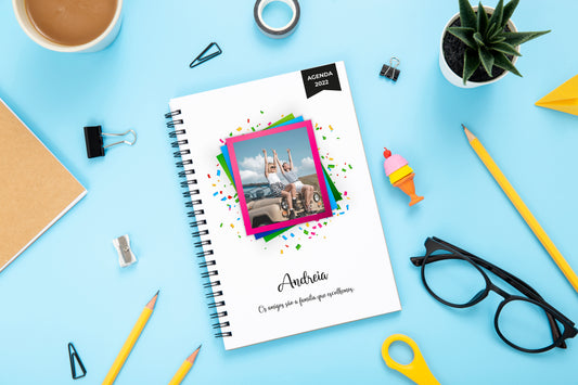 Agenda personalizada A5 — capa com foto personalizada, nome e frase