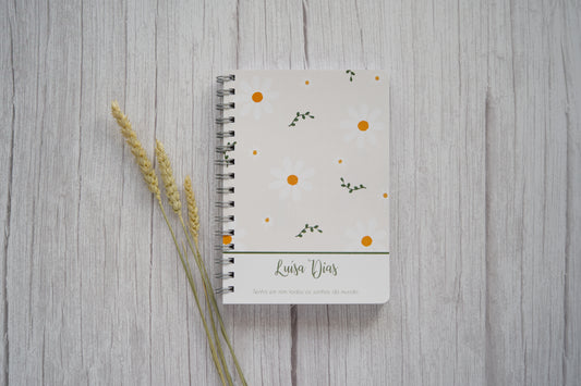 agenda personalizada com nome e capa com malmequeres