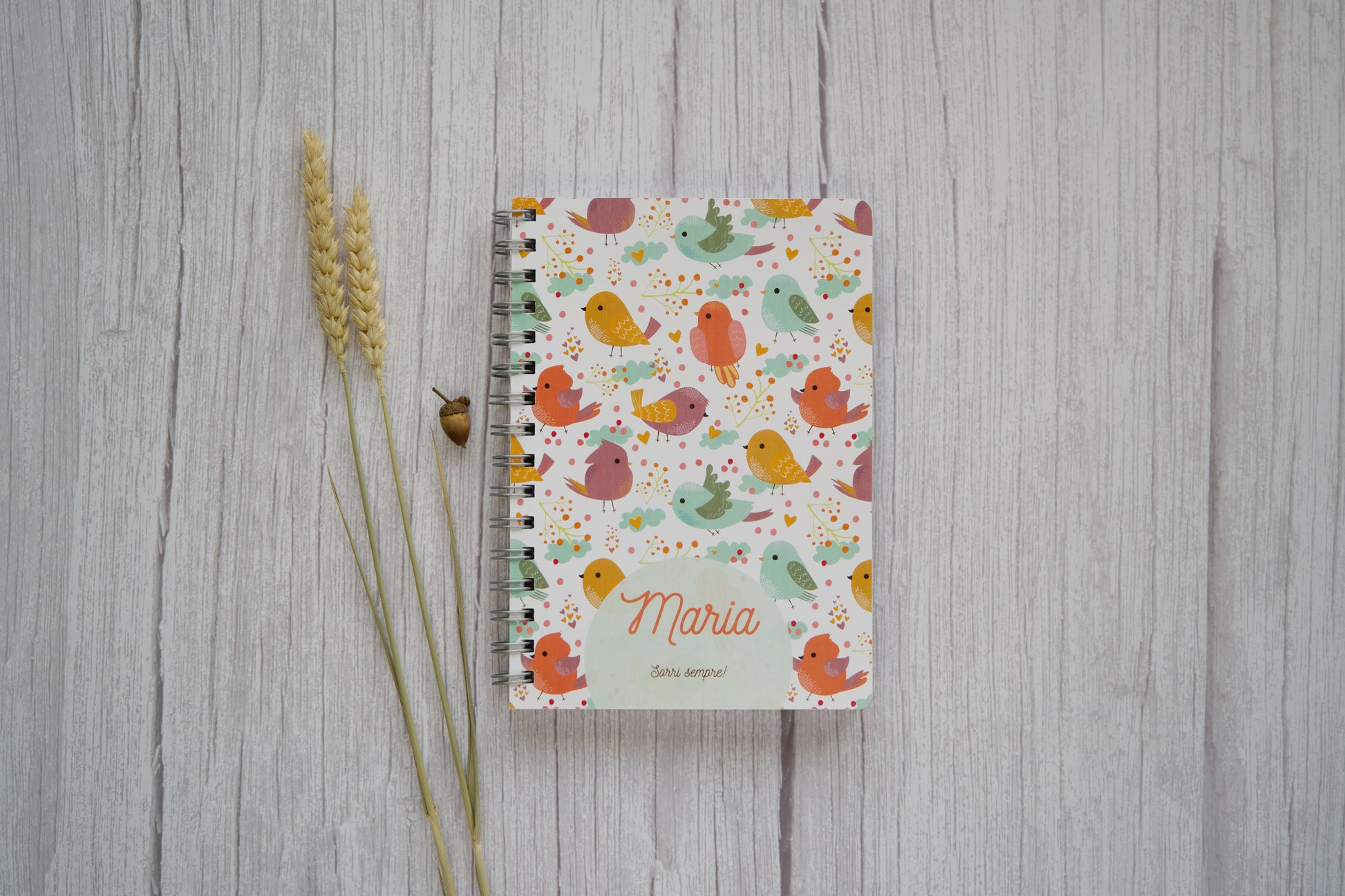 agenda personalizada com nome e padrao com passarinhos coloridos