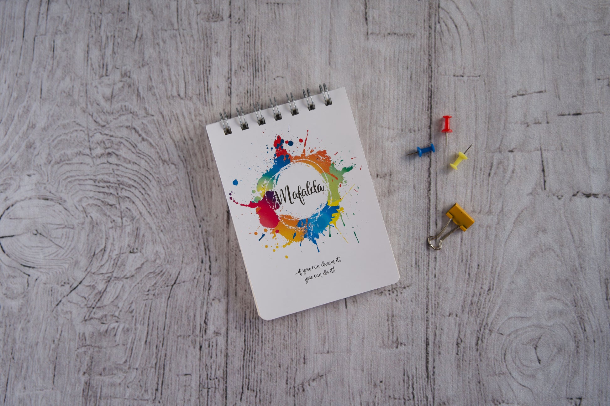 Bloco de notas A6 personalizado com nome — capa Cores com manchas de tinta coloridas