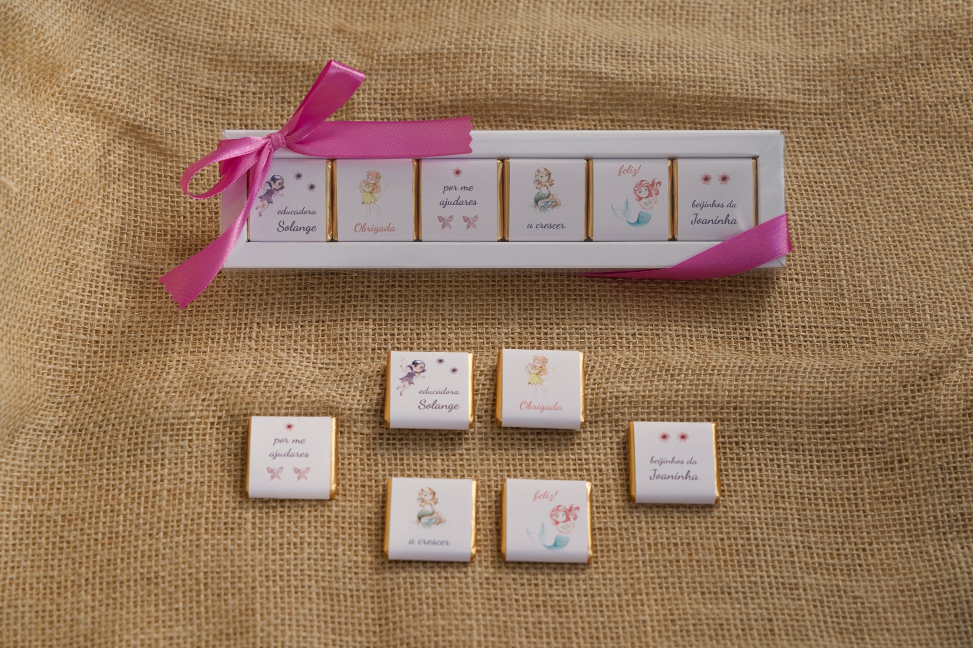 Chocolates personalizados com design de fadas e sereias para educadora — lembrança de fim do ano letivo