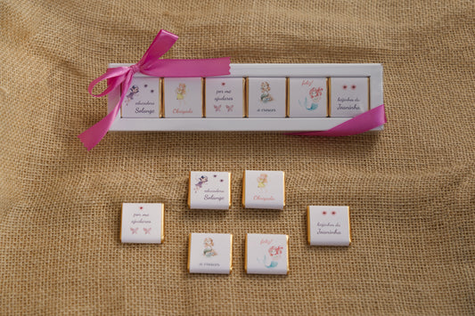 Chocolates personalizados com design de fadas e sereias para educadora — lembrança de fim do ano letivo