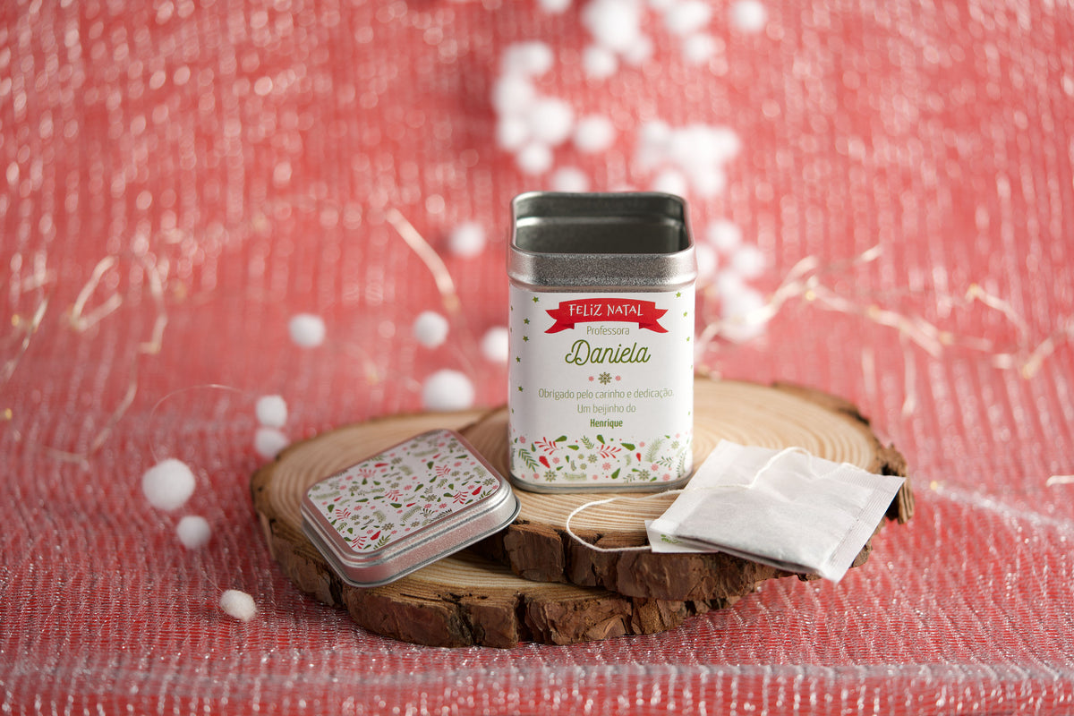 Lata de chá personalizada de Natal tema verde-vermelho — prenda original com nome e mensagem
