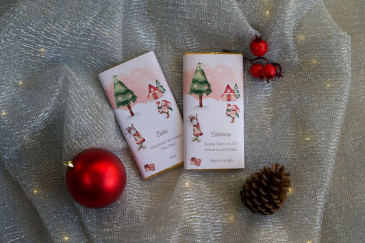 Tablete de chocolate personalizada com design Aldeia de Natal e embalagem impressa — Tenda de Papel