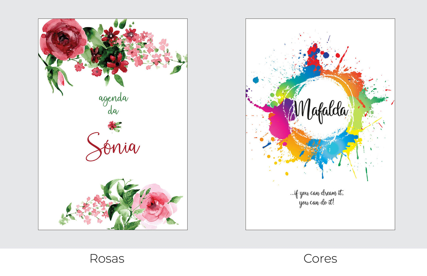 Caderno personalizado com nome e frase inspiradora — opções de capa disponíveis