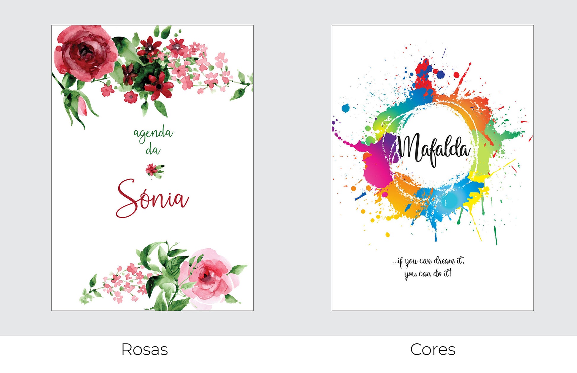 Caderno personalizado com nome e frase inspiradora — opções de capa disponíveis