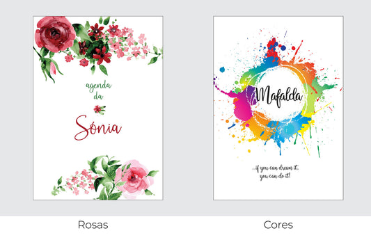 Caderno personalizado com nome e frase inspiradora — opções de capa disponíveis