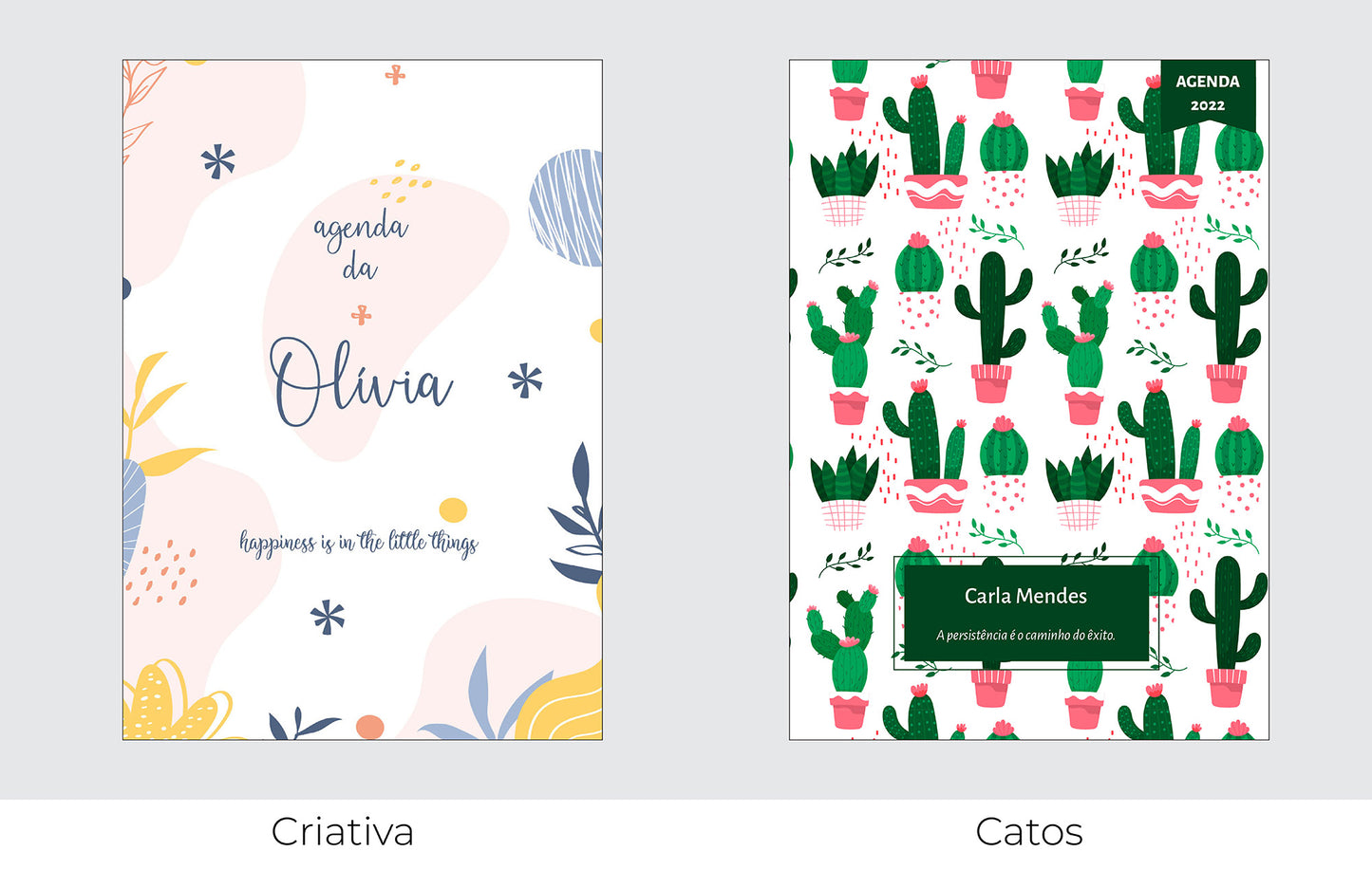 Caderno personalizado com nome e frase inspiradora — opções de capa disponíveis
